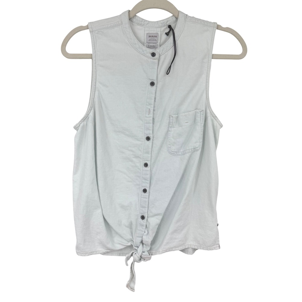 prAna Organic Cotton Sleeveless Button Down Shirt Women's Small Light Blue Tie